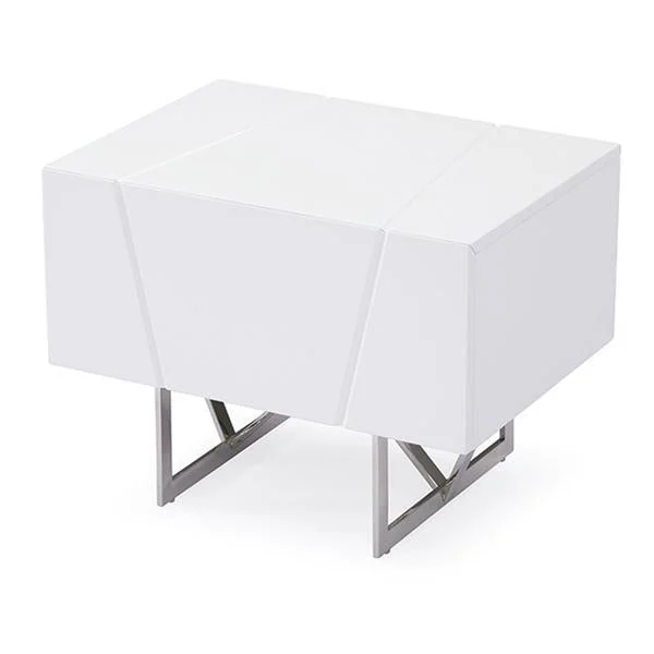 Benzara 1 Drawer Contemporary Nightstand with Stainless Steel Legs, White and Silver