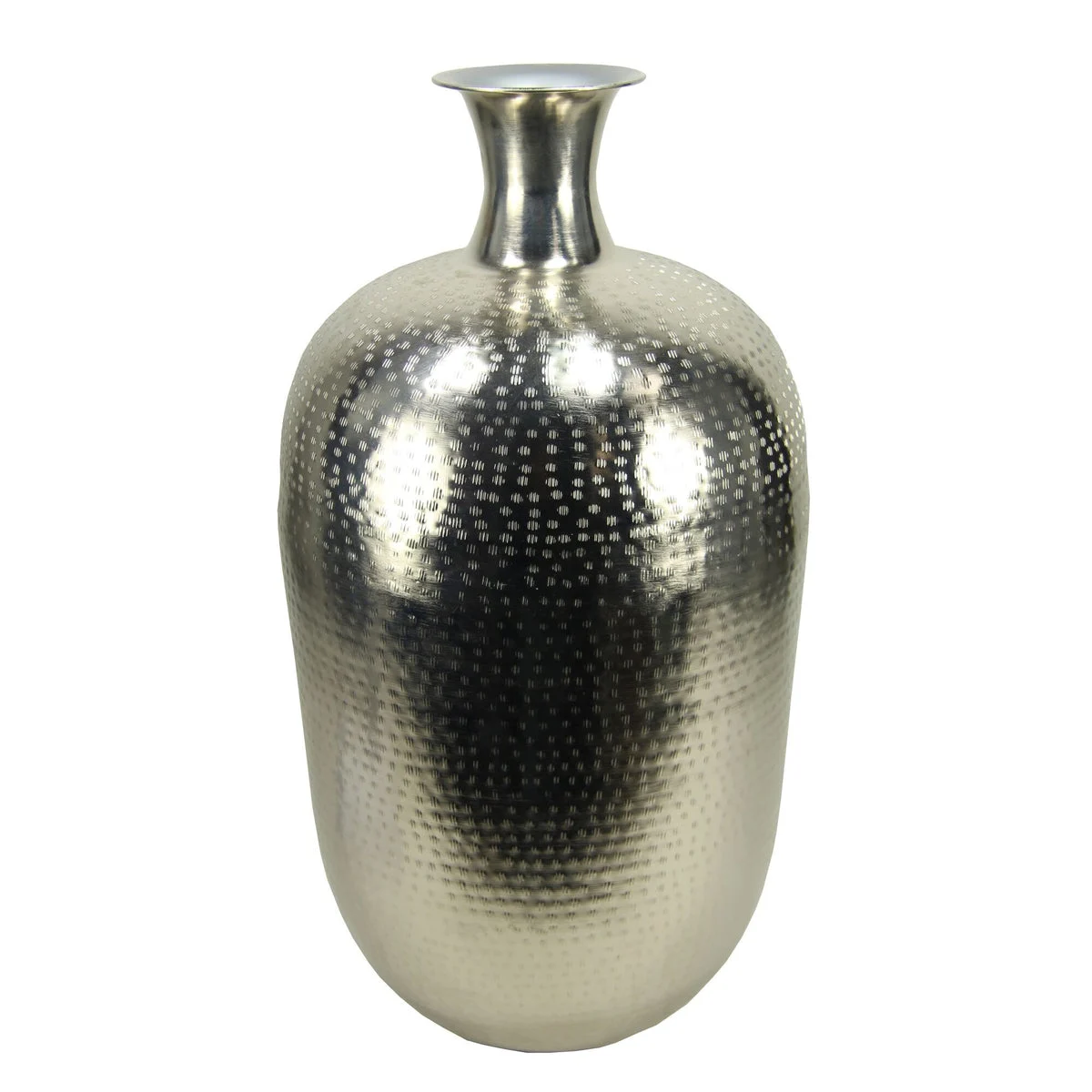 Benzara BM215110 Bellied Shape Iron Vase with Narrow Neck and Rimmed Opening, Silver