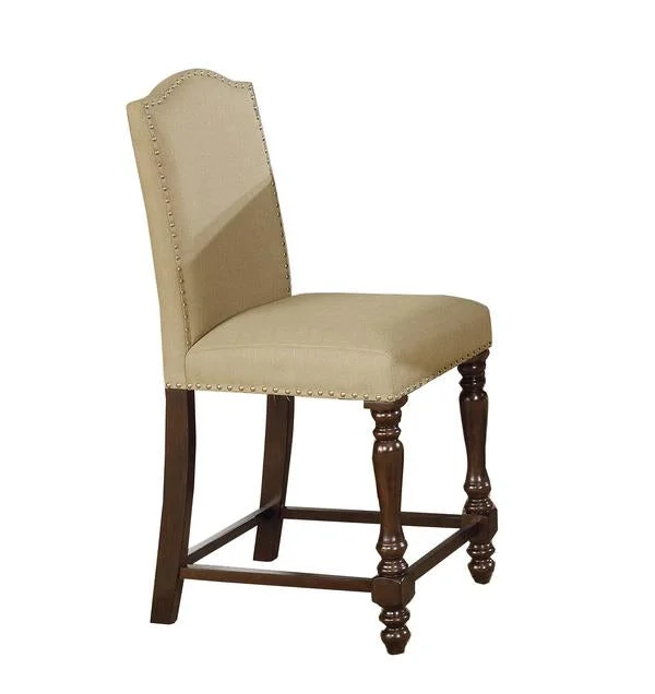 Benzara Scalloped Back Fabric Upholstered Counter Chair, Set of 2, Beige and Brown