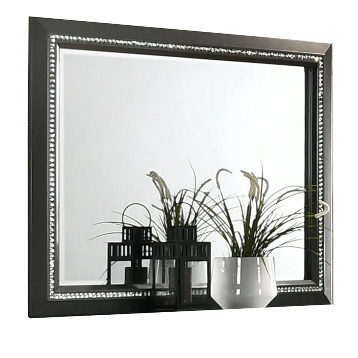 Benzara Rectangular Frame Mirror with Faux Crystal inlay, Dark Gray and Silver