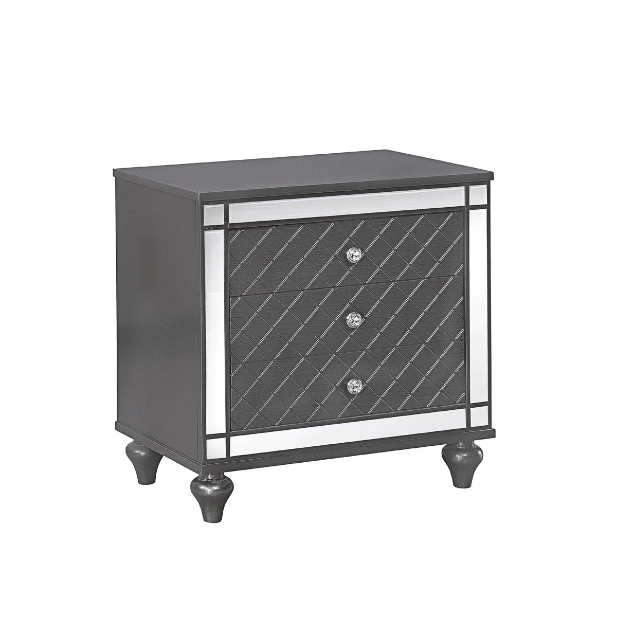 Benzara BM215361 3 Drawer Wooden Nightstand with Diamond Pattern and Mirror Inlay, Gray