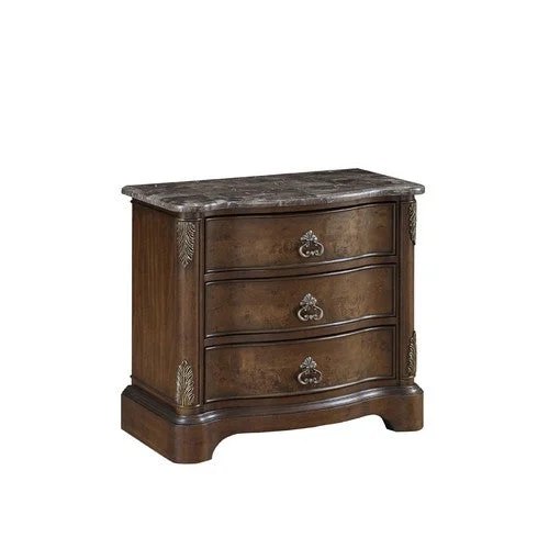 Benzara BM215392 Three Drawer Wooden Nightstand with Marble Top and Antique Pulls, Brown