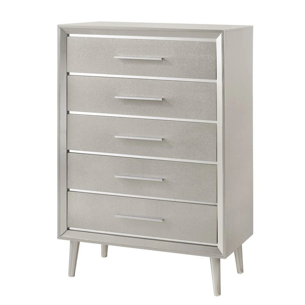 Benzara BM215528 5 Drawer Contemporary Chest with Bar Handles and Splayed Legs, Silver