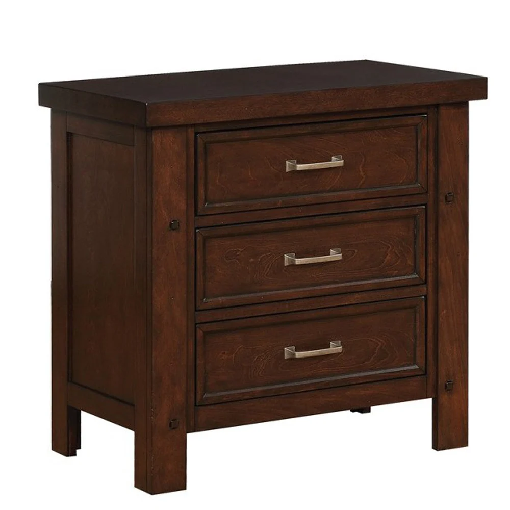Benzara BM215570 Wooden Nightstand with Three Storage Drawers and Grain Details, Brown