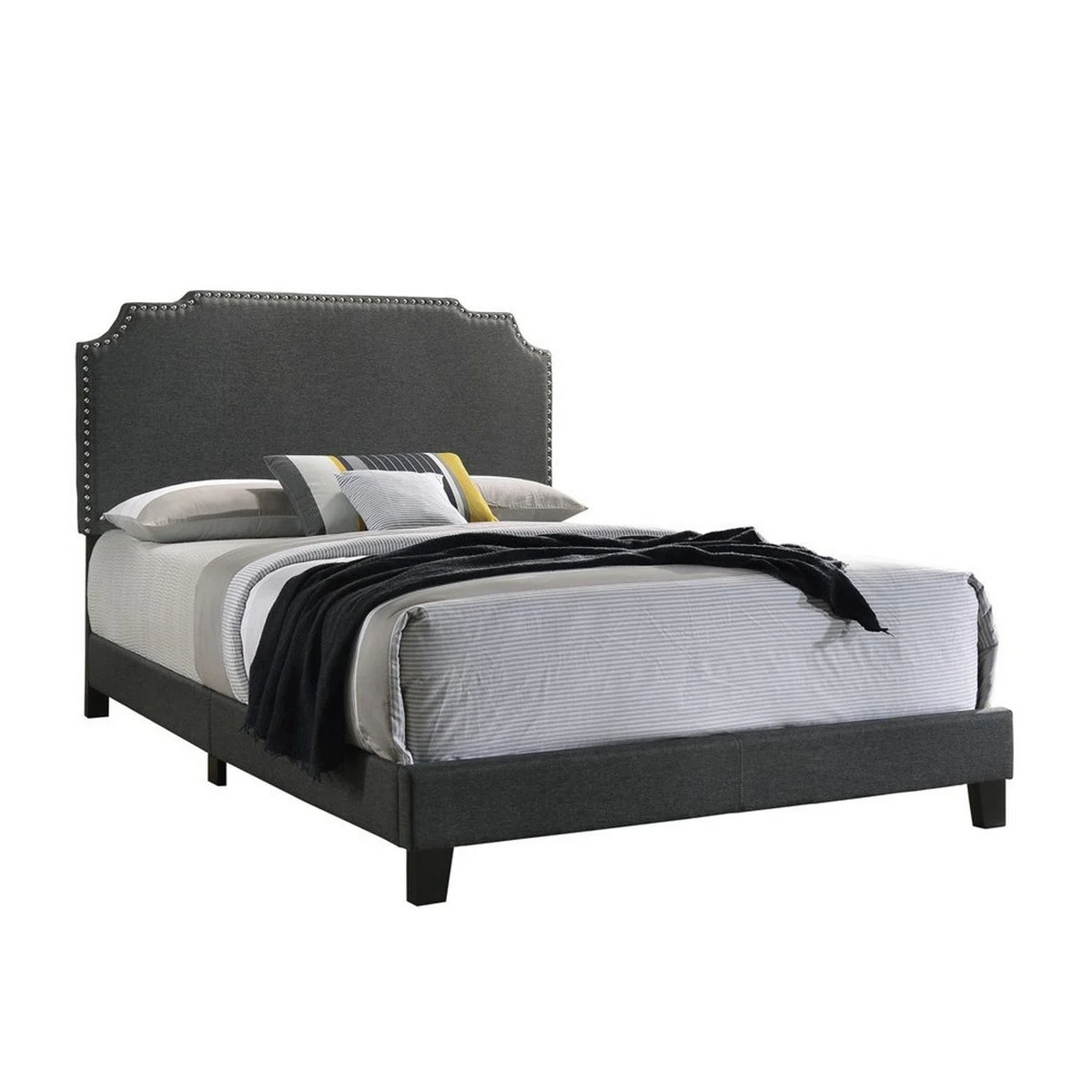 Benzara BM215887 Fabric Upholstered Wooden Full Size Bed with Nailhead Trims, Gray