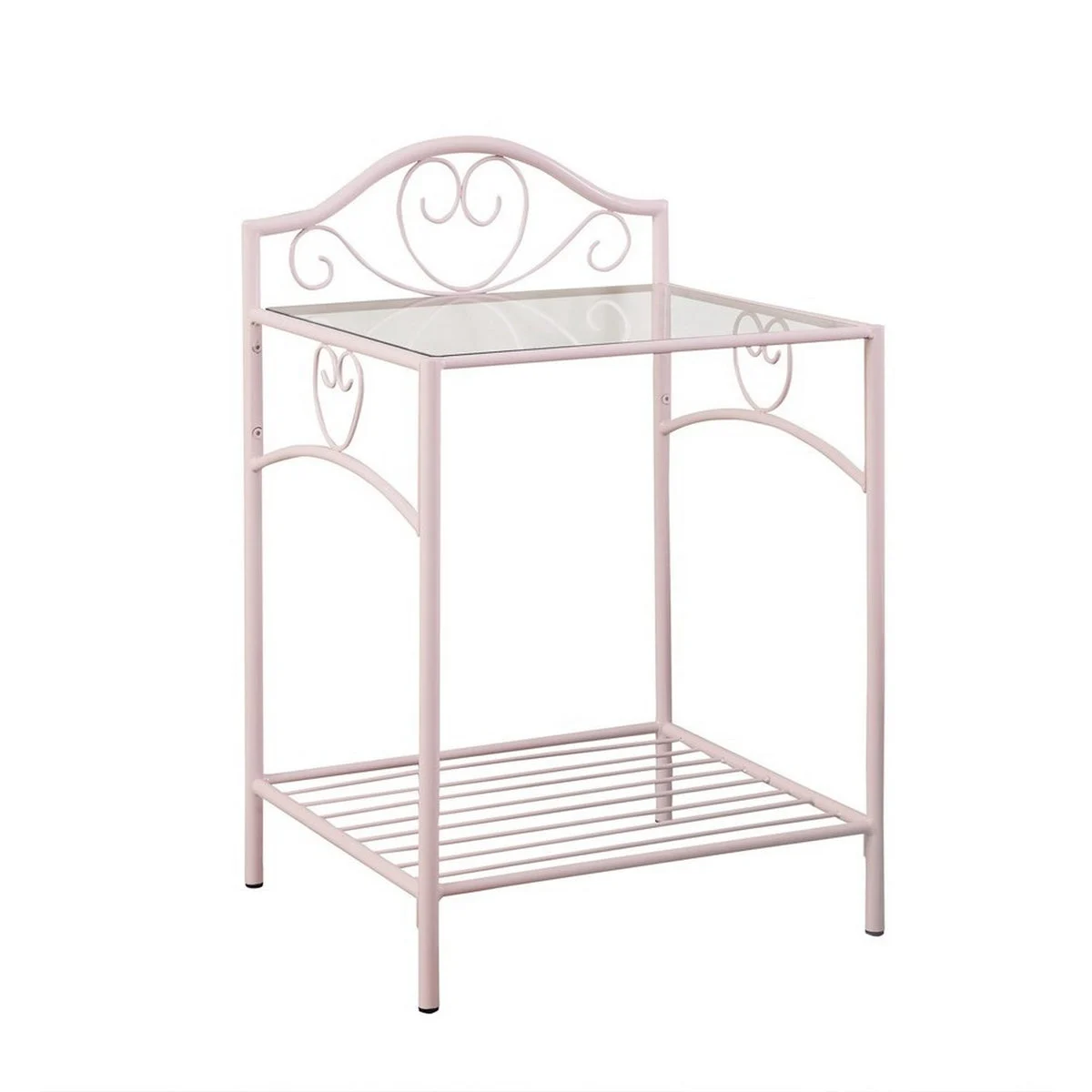Benzara BM215931 Metal Nightstand with Glass Top and Open Bottom Shelf, Pink and Clear