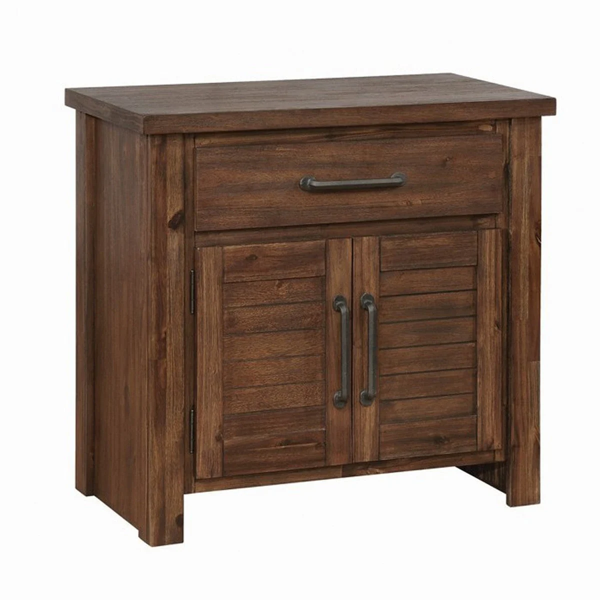 Benzara BM215988 Plank Style Wooden Nightstand with 1 Drawer and 2 Doors, Bourbon Brown