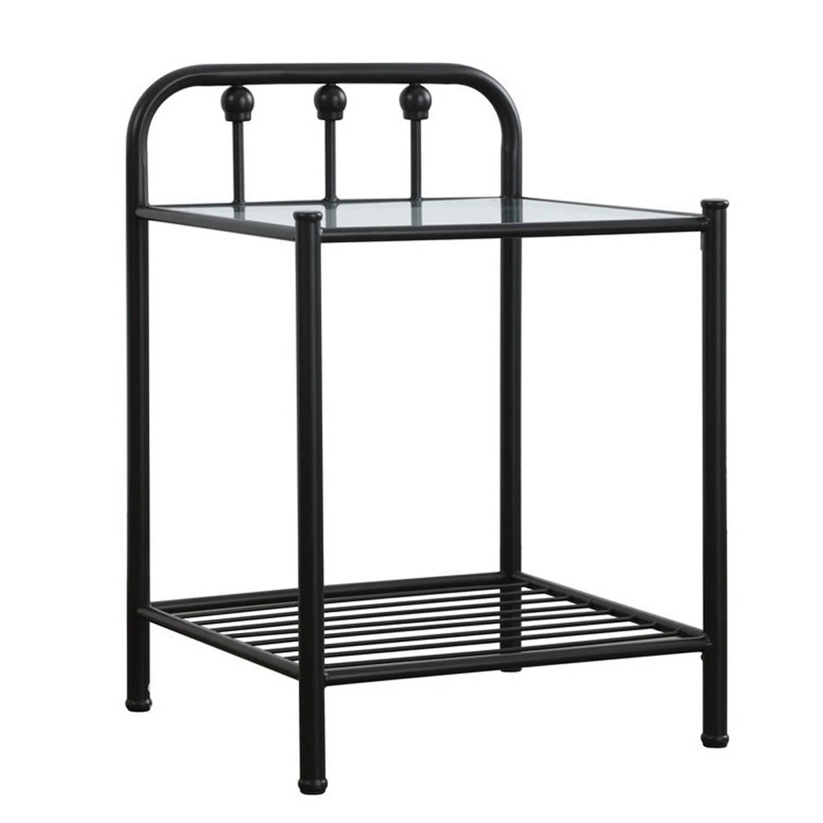 Benzara BM216073 Metal Nightstand with Glass Top and Slated Open Bottom Shelf, Black