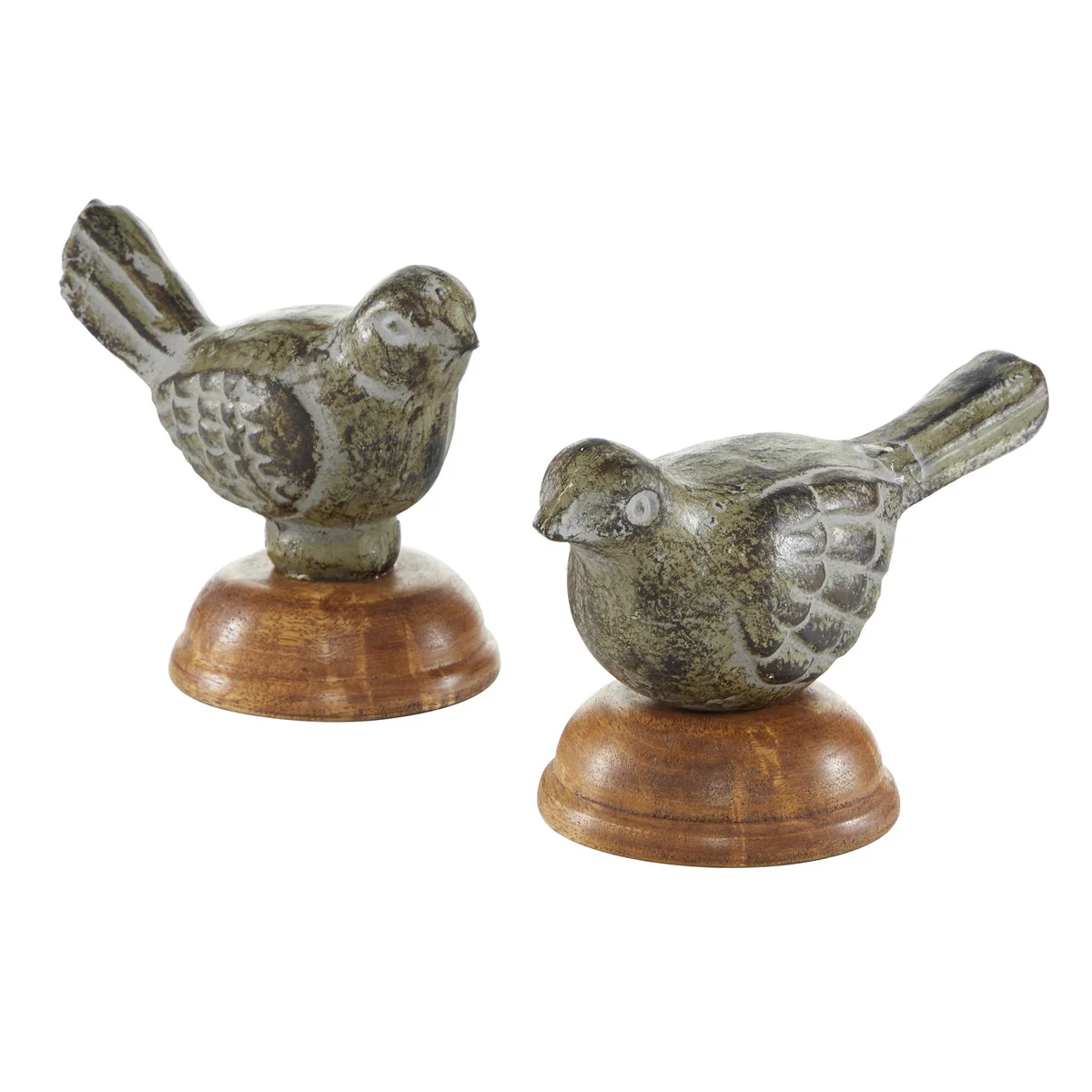 Benzara BM216632 Wooden Bird Figurine Table Decor with Round Stable Base, Set of 2, Brown