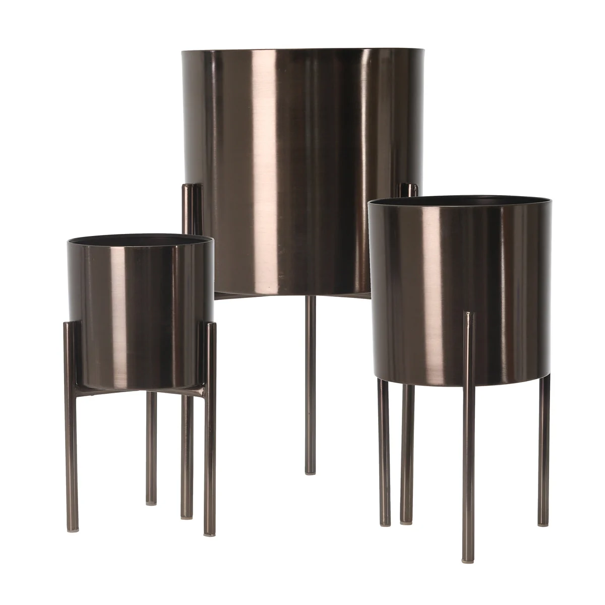 Benzara BM217146 Metal Frame Round Planter with Tripod Stands, Set of 3, Glossy Gray