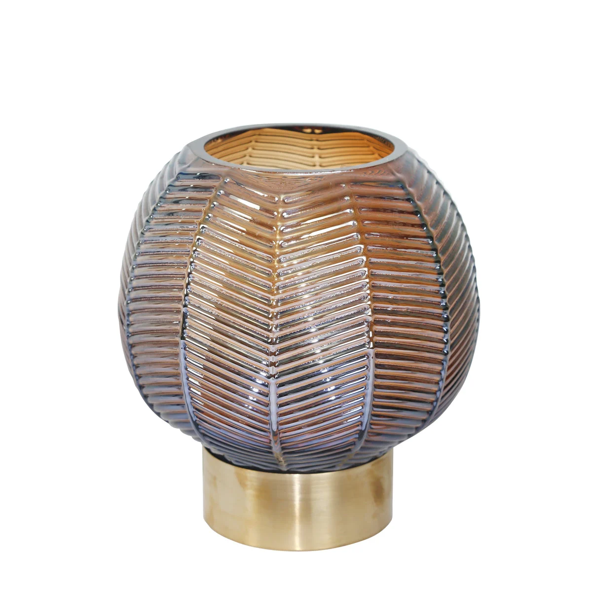 Benzara BM217167 Bellied Shape Glass Vase with Round Metal Base, Small, Brown and Gold