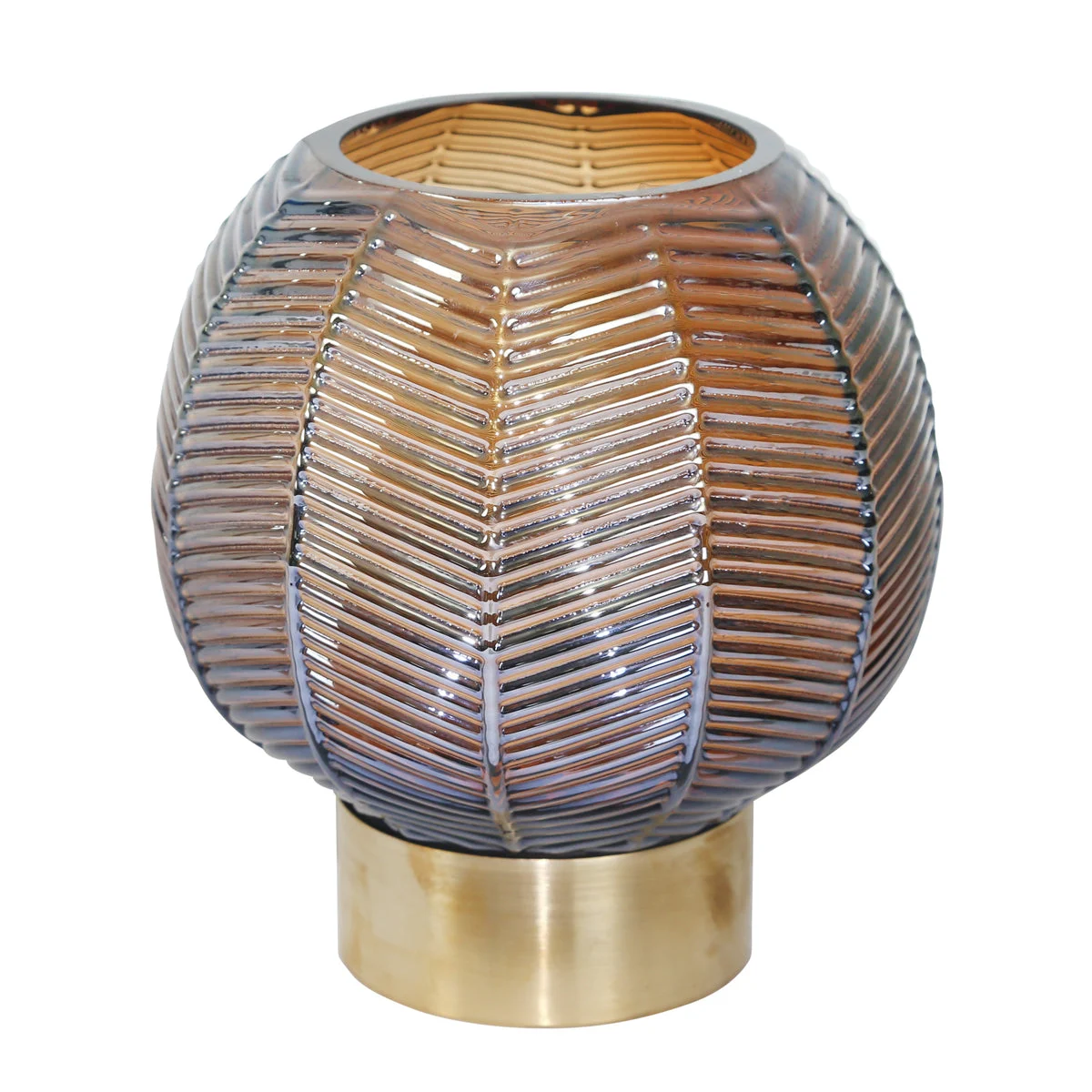 Benzara BM217168 Bellied Shape Glass Vase with Round Metal Base, Large, Brown and Gold