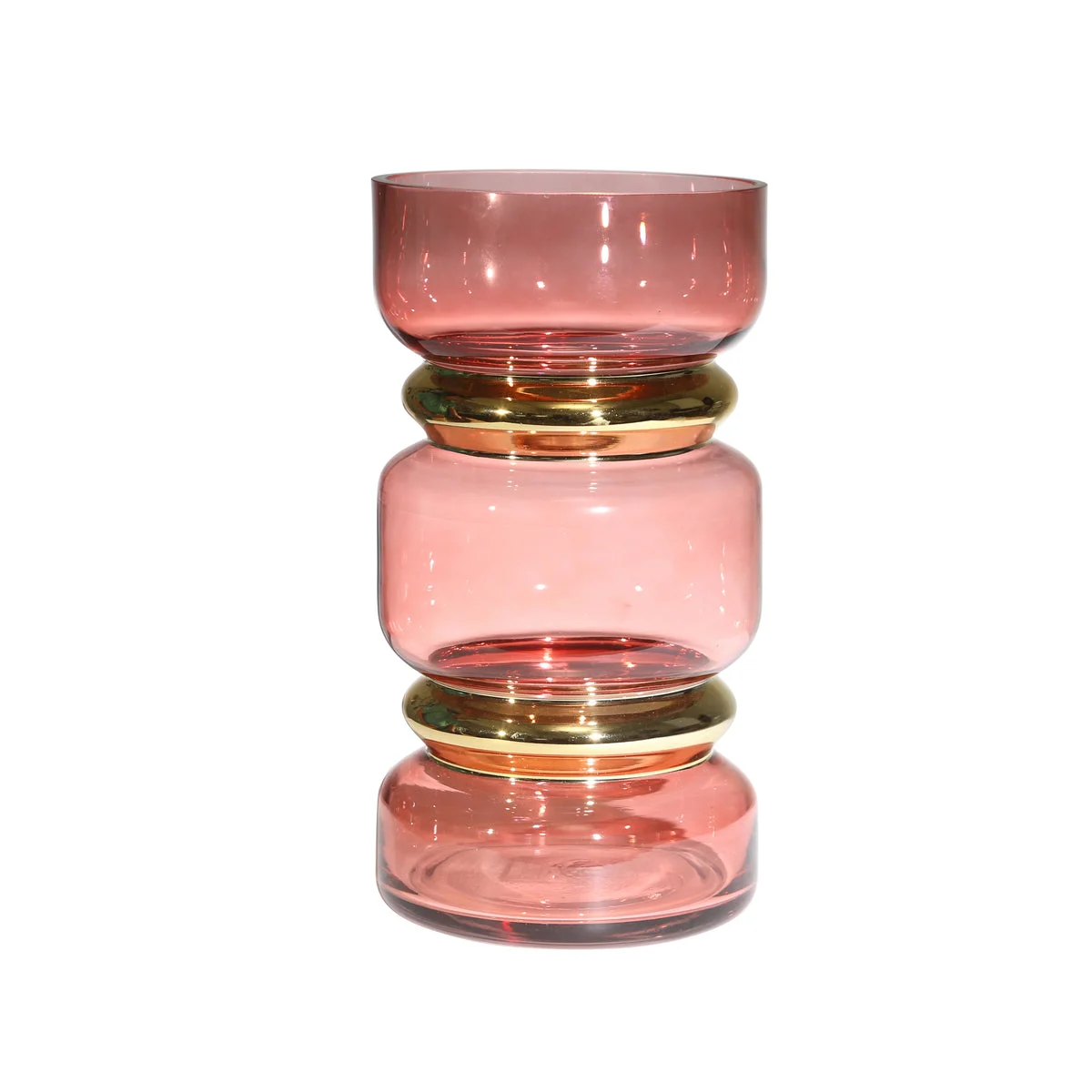 Benzara BM217171 Stacked Jar Design Edged Glass Vase with Golden Accents, Pink
