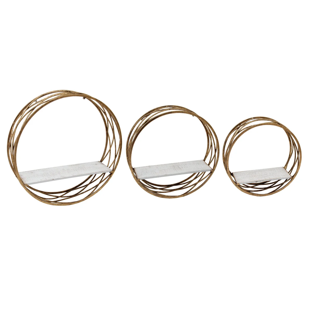 Benzara BM217191 Round Metal Frame Wall Shelf with Wooden Top, Set of 3, Gold and White