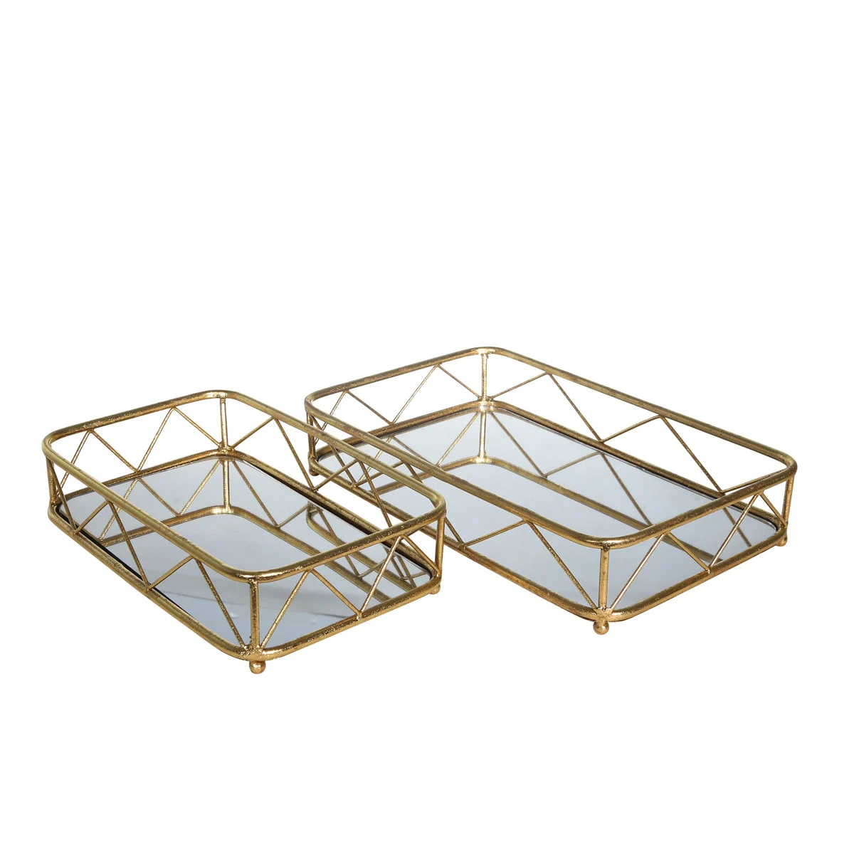 Benzara BM217192 Rectangular Metal Frame Tray with Glass Top, Set of 2,Gold and Clear