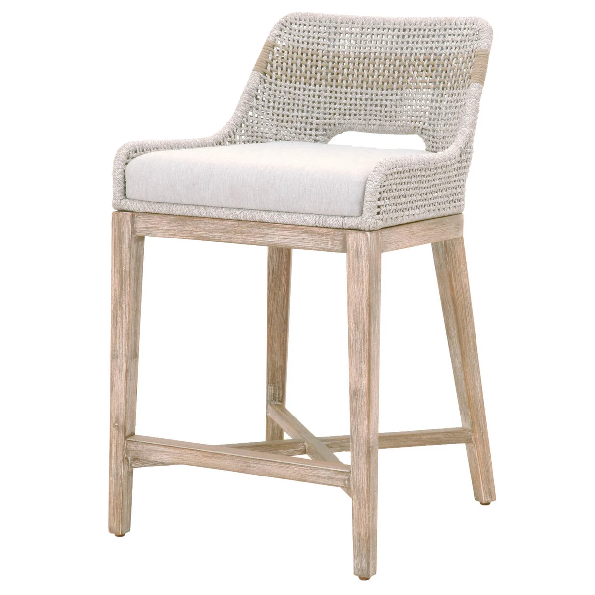 Benzara BM217392 Interwoven Rope Counter Stool with Stretcher and Cross Support, Light Gray