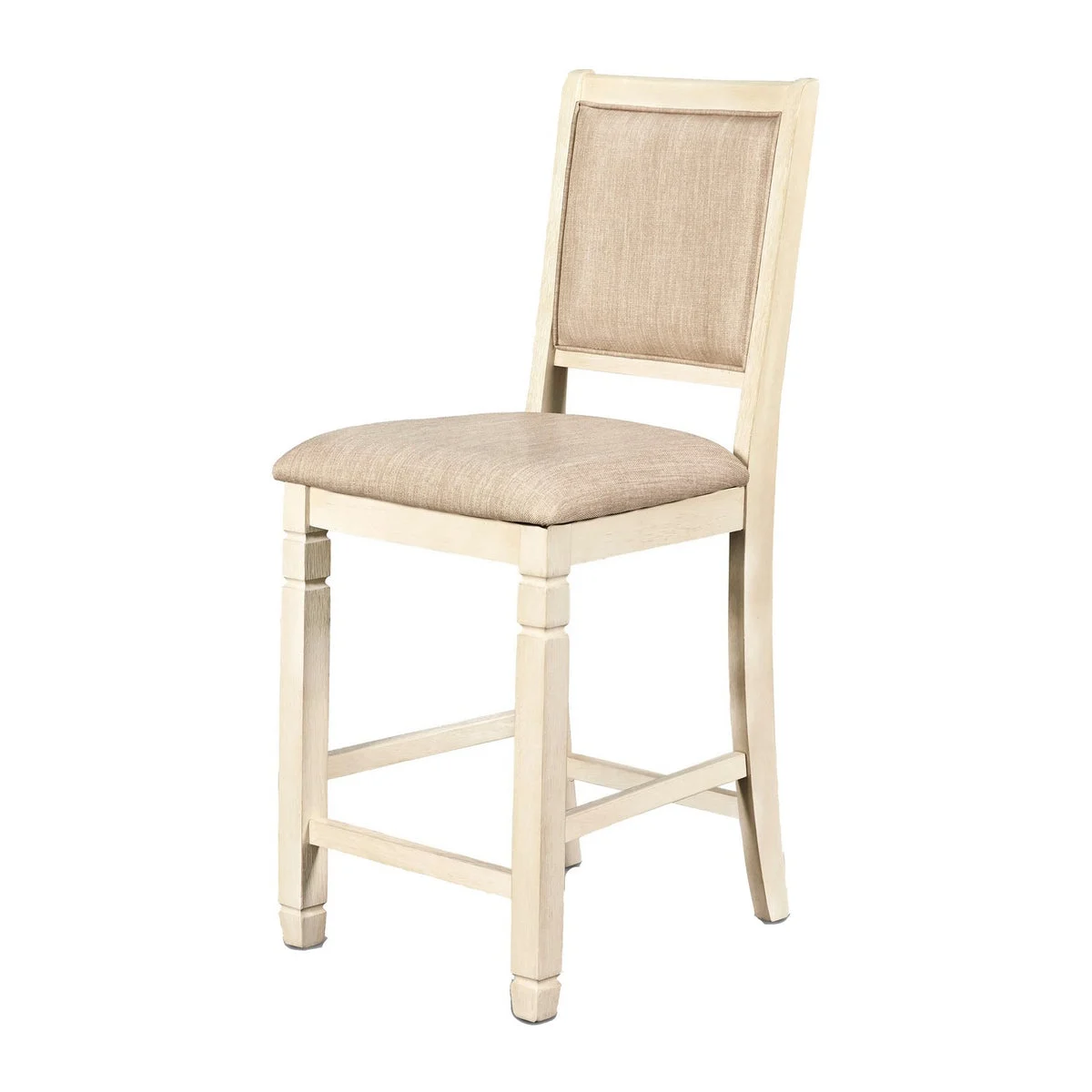 Benzara BM218038 Wooden Counter Chair with Fabric Padded Back, Set of 2, Antique White