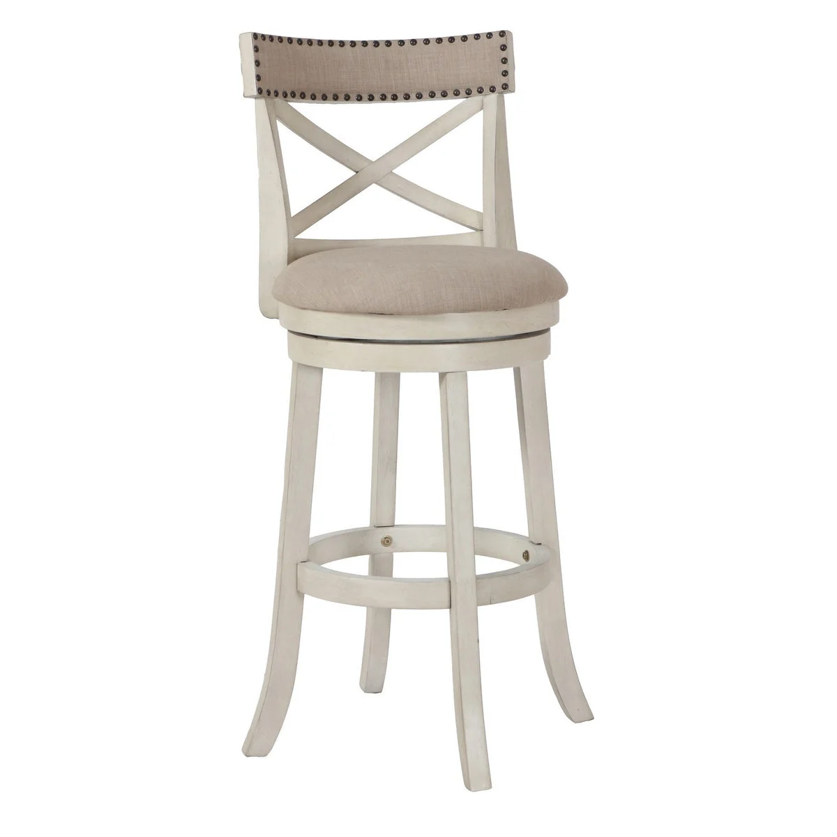 Benzara BM218132 Curved X Shaped Back Swivel Barstool with Fabric Padded Seating, White