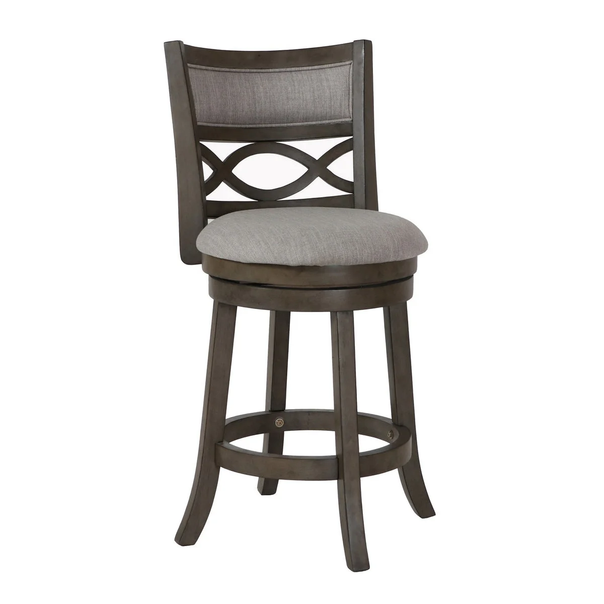 Benzara BM218142 Curved Lattice Back Swivel Counter Stool with Fabric Seat, Antique Gray