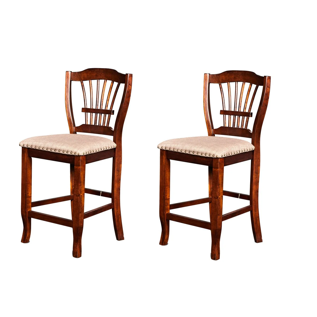 Benzara BM218175 Slatted Back Wooden Counter Chair with Nailhead Trim, Set of 2, Brown