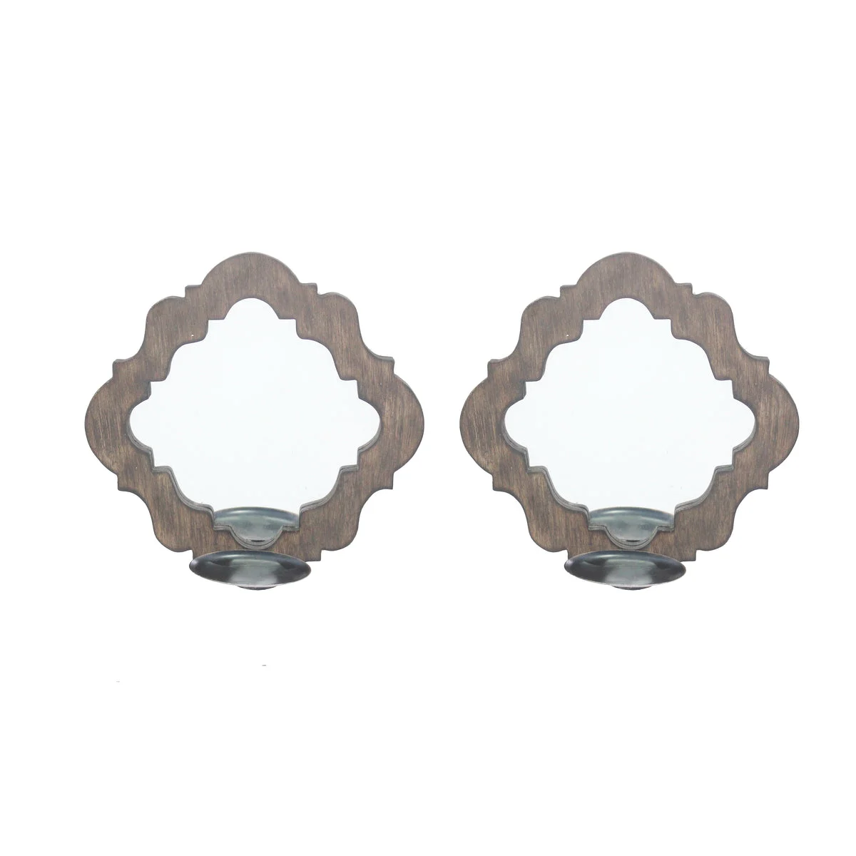 Benzara BM218346 Wooden Candle Holders with Mirror and Quatrefoil Pattern, Set of 2, Brown
