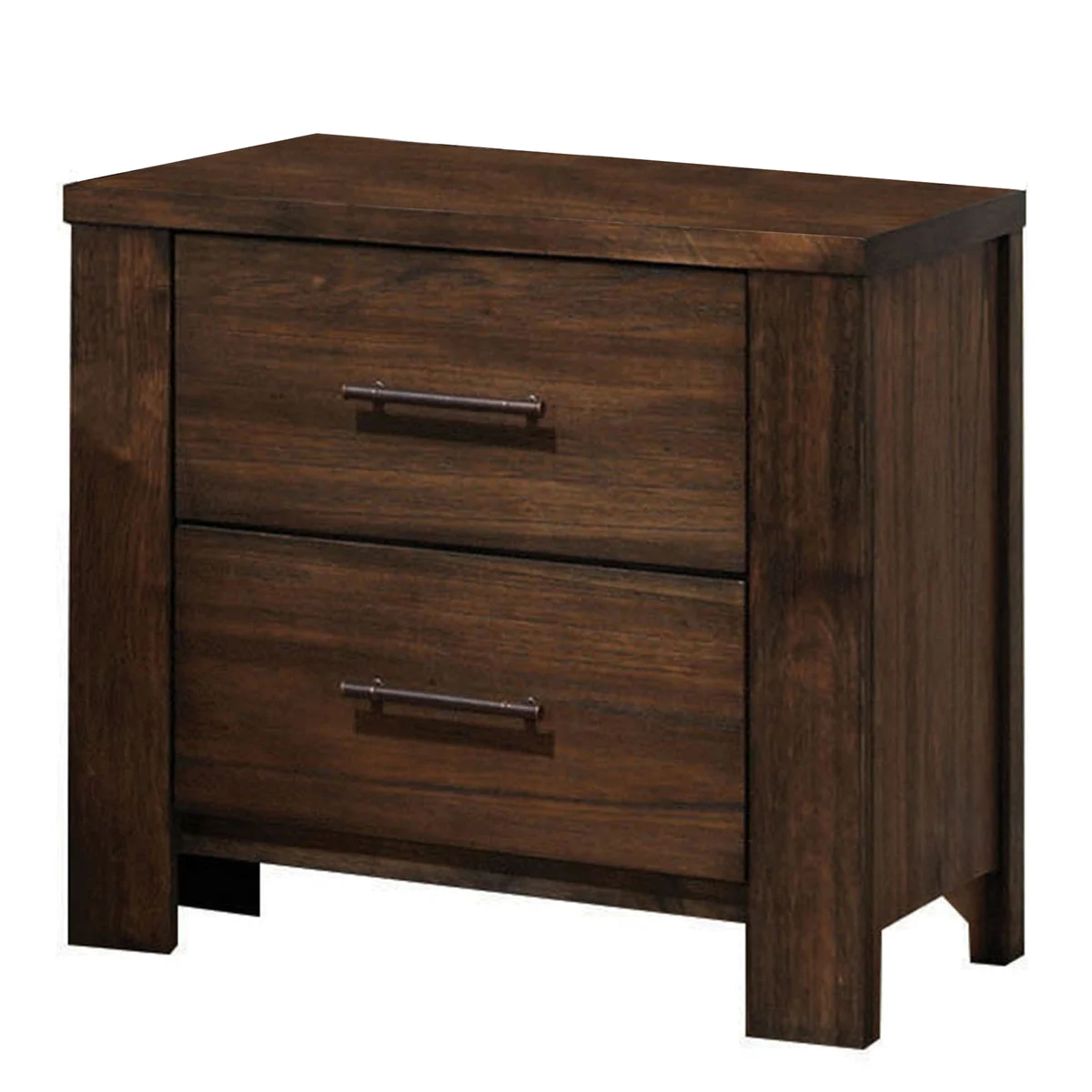 Benzara BM218460 2 Drawer Wooden Nightstand with Metal Bar Handles and Block Legs, Brown