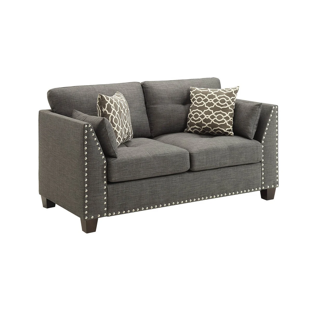 Benzara BM218551 Wood and Fabric Loveseat with Accent Pillows, Gray