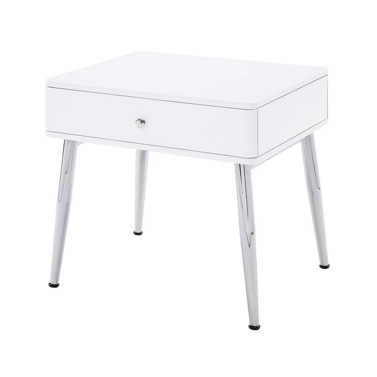 Benzara BM218618 Wood and Metal End Table with 1 Storage Drawer, White and Chrome