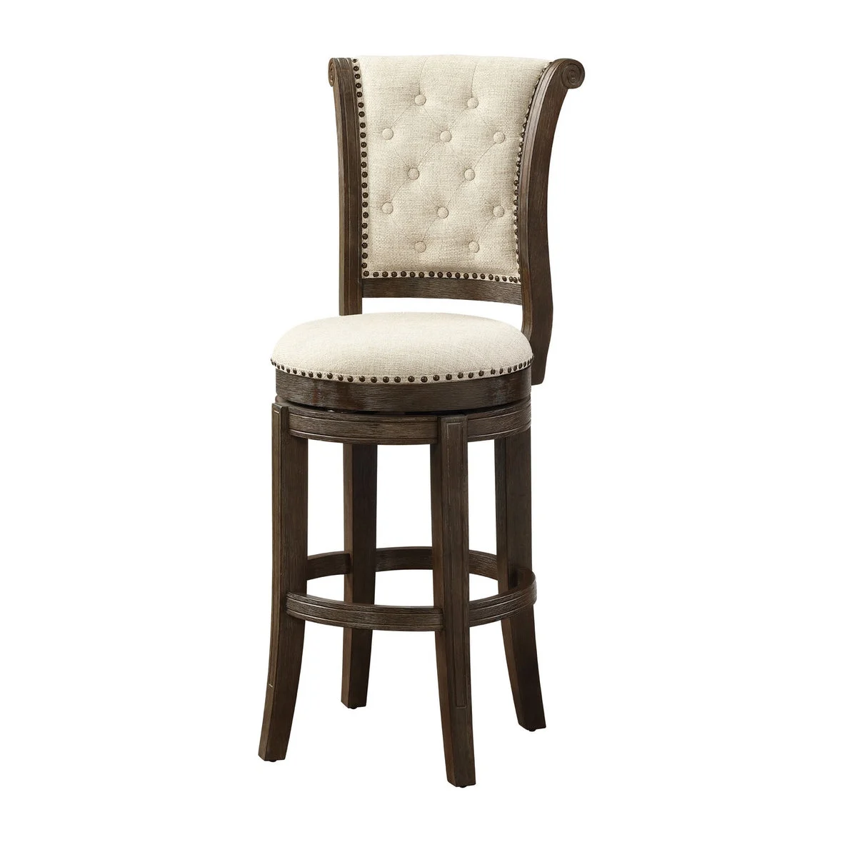 Benzara BM218622 Wood and Fabric Bar Height Chair with Swivel Mechanism, Brown and Beige