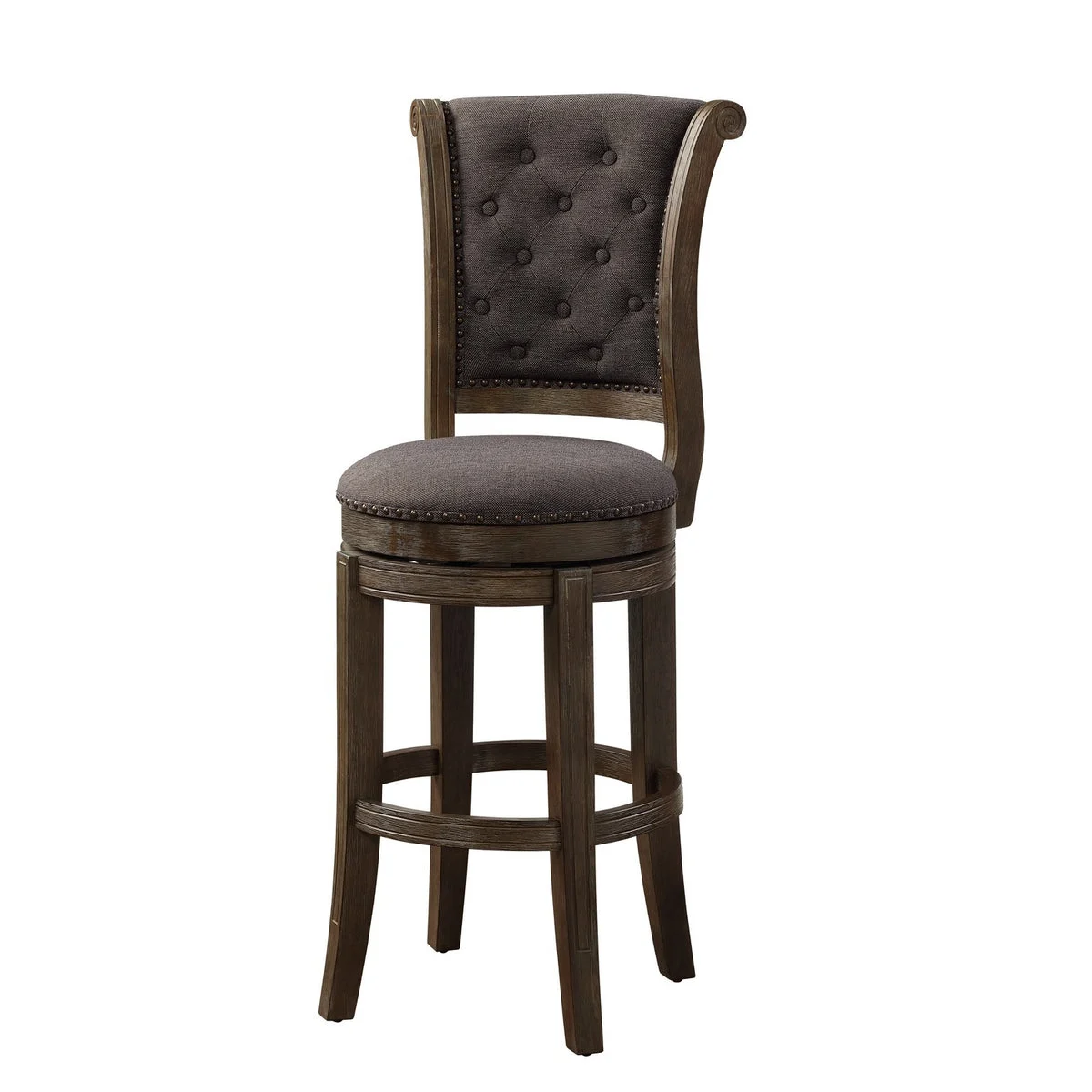 Benzara BM218623 Wood and Fabric Bar Height Chair with Swivel Mechanism, Brown and Gray