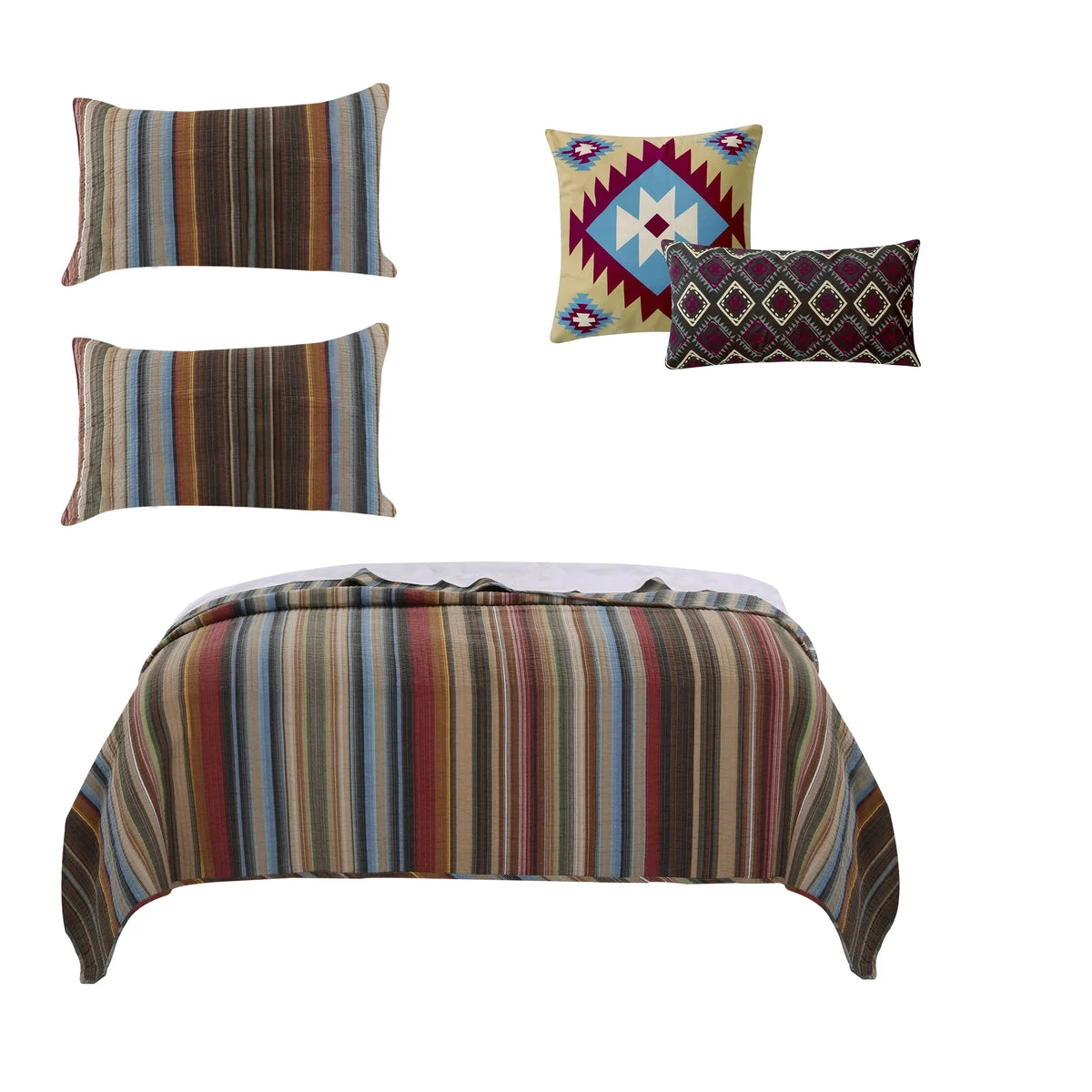 Benzara BM218761 Stripe Pattern Cotton Quilt Set with 2 Pillows and 2 Quilt Shams, Multicolor