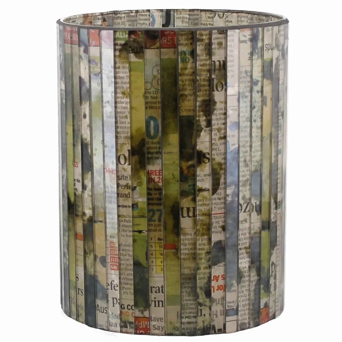 Benzara BM218995 Modern Glass Hurricane with Mosaic Newspaper Graffiti, Multicolor