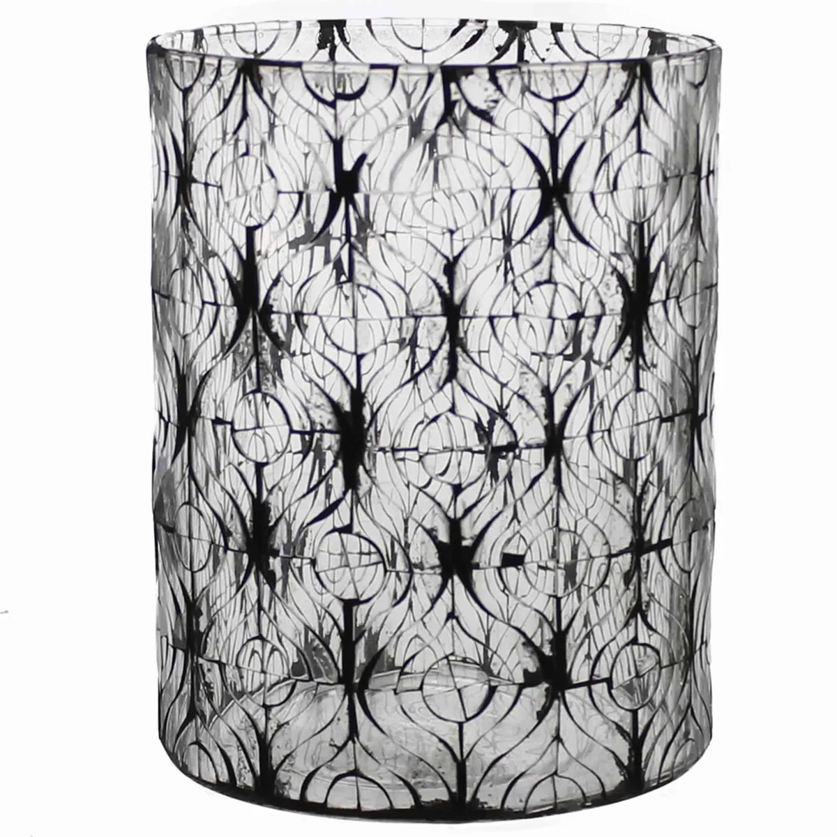 Benzara BM218996 Modern Glass Hurricane with Mosaic Monotone Graffiti, Black and White