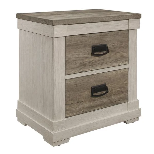 Benzara 2 Drawer Wooden Nightstand with Rough Hewn Saw Texture, Brown and White