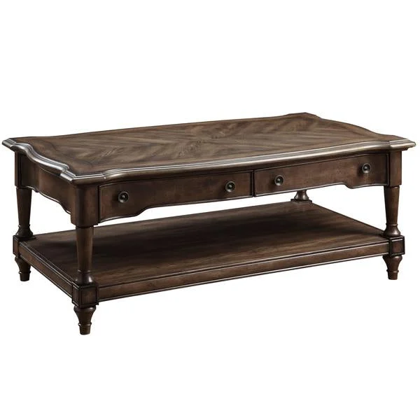Benzara 2 Drawer Cocktail Table with Open Bottom Shelf and Turned Feet, Brown