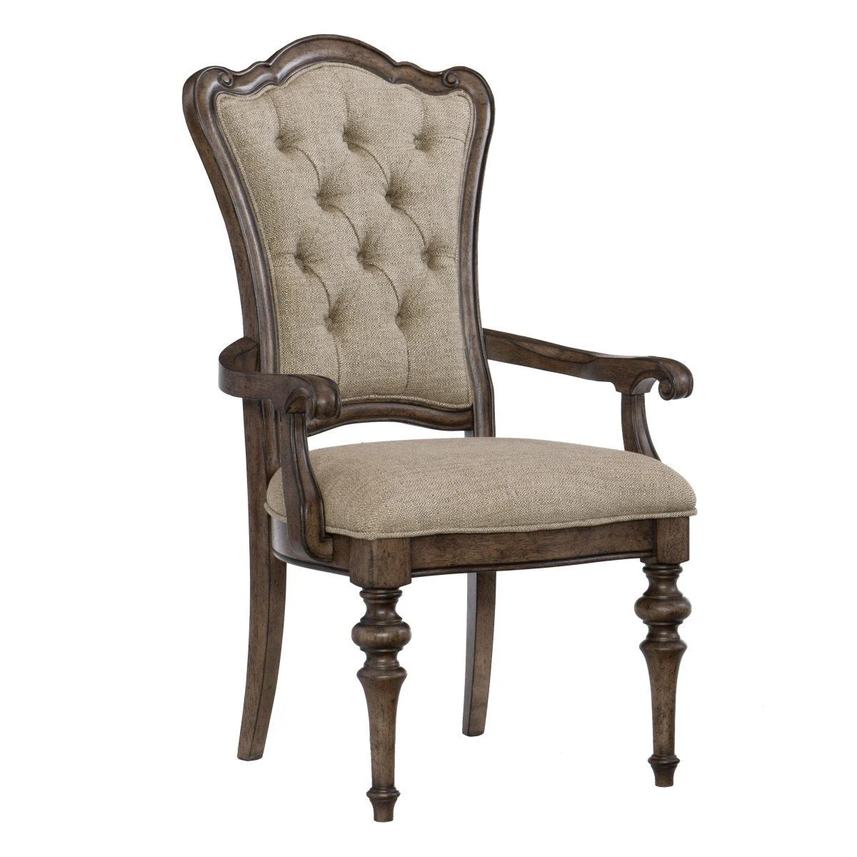 Benzara Fabric Arm Chair with Scalloped Button Tufted Backrest, Set of 2, Brown