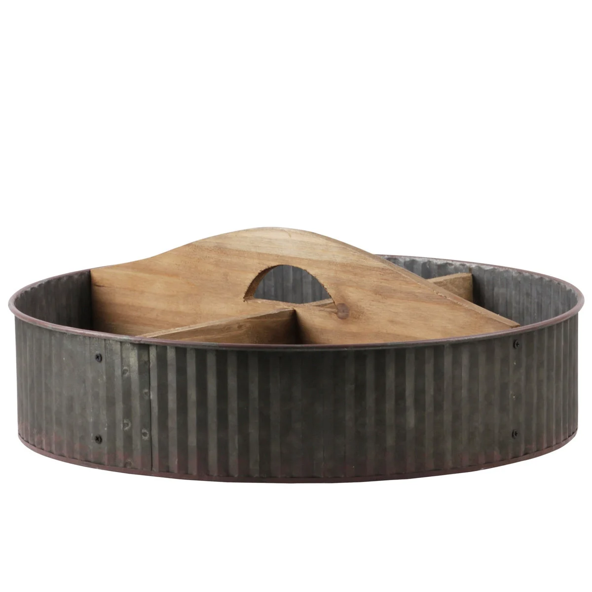 Benzara BM219107 Round Metal Caddy with 4 Compartments, Set of 2, Gray and Brown