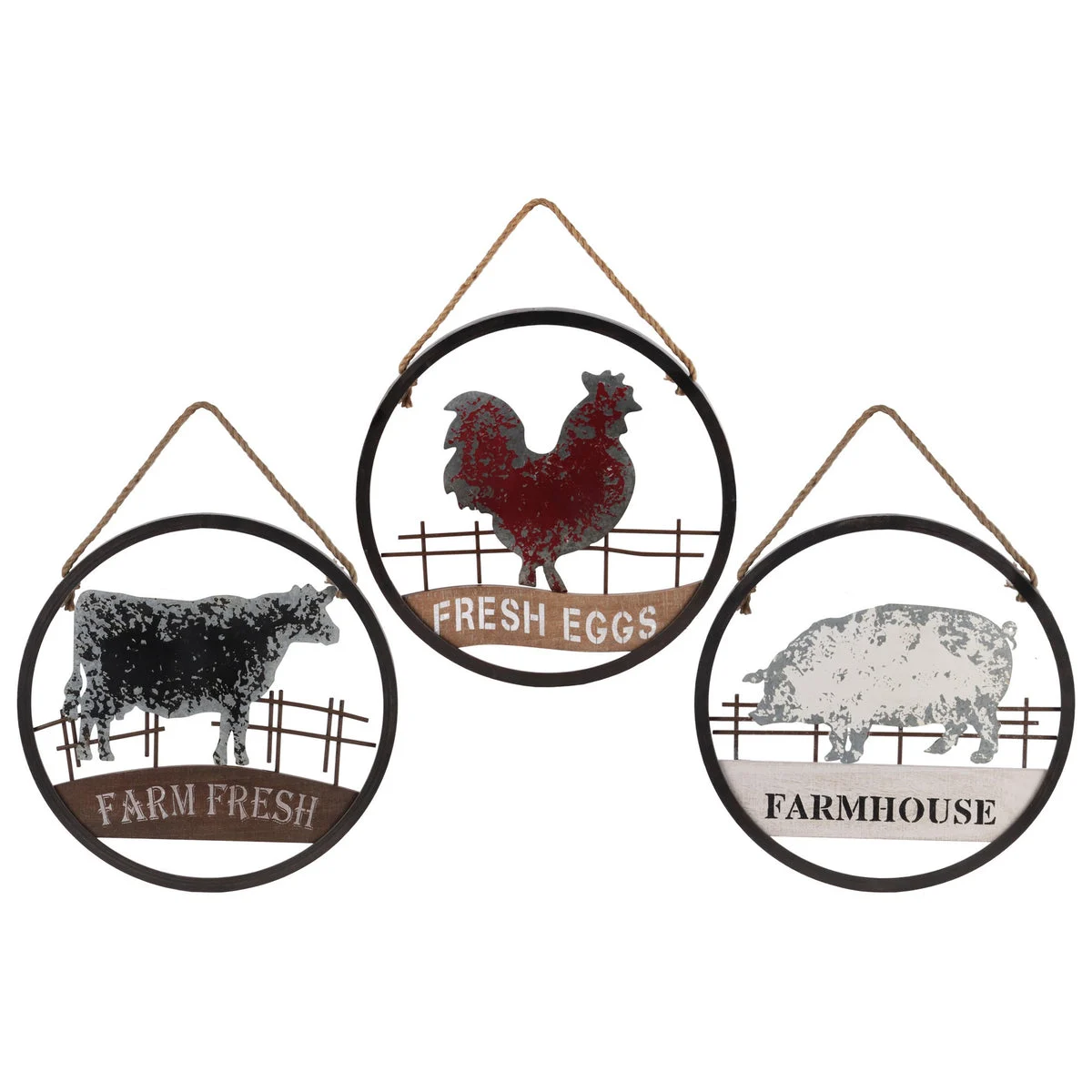 Benzara Farmhouse Theme Wall Decor with Rope Handles, Assortment of 3, Multicolor