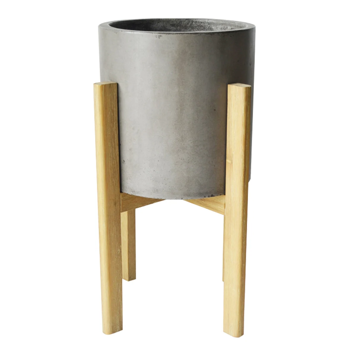 Benzara Modern Concrete Round Planter with Cross H Wood Base, Brown and Gray