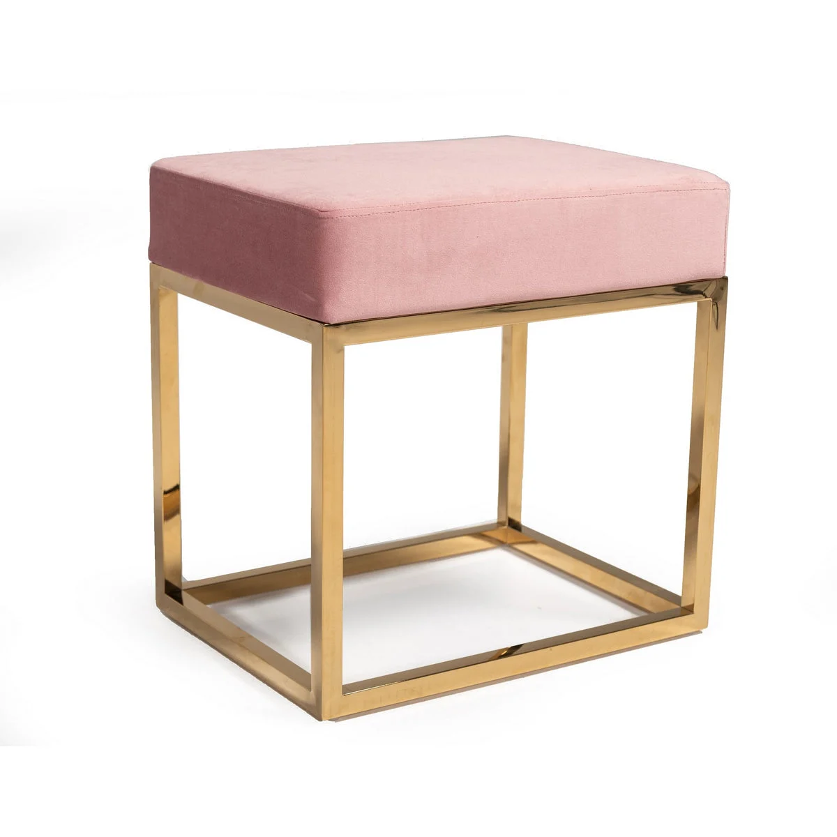 Benzara Velvet Upholstered Ottoman with Metal Tubular Base, Pink and Gold