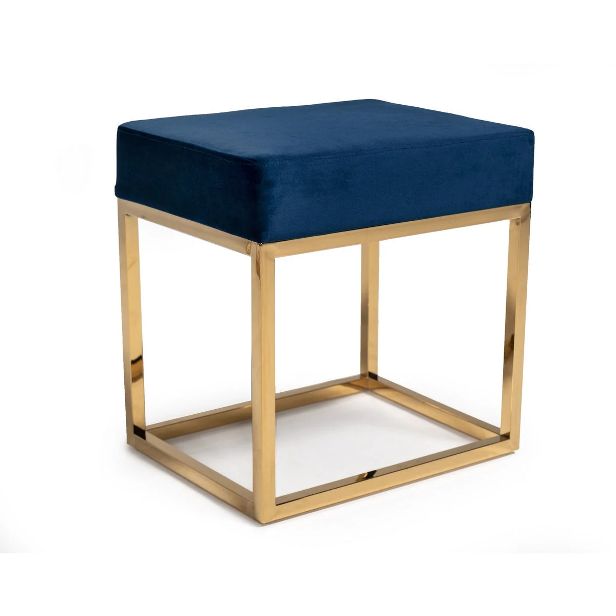 Benzara Velvet Upholstered Ottoman with Metal Tubular Base, Blue and Gold