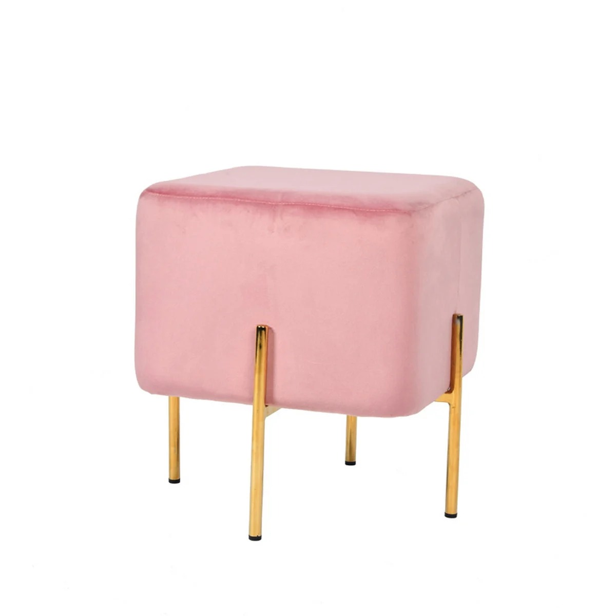 Benzara Velvet Upholstered Ottoman with Metal Base and Box Seat, Pink and Gold