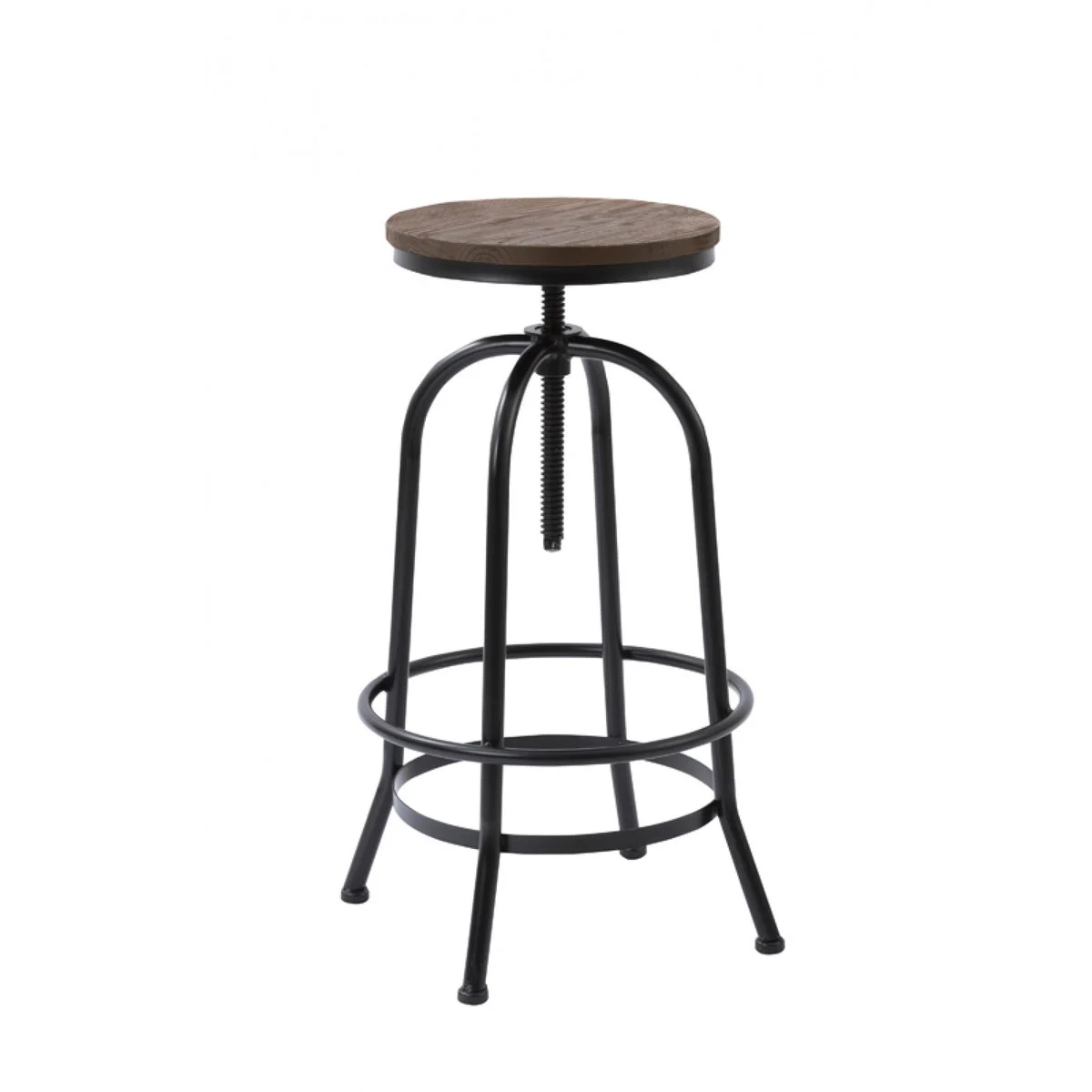 Benzara Height Adjustable Backless Barstool with Round Wooden Seat, Black and Brown