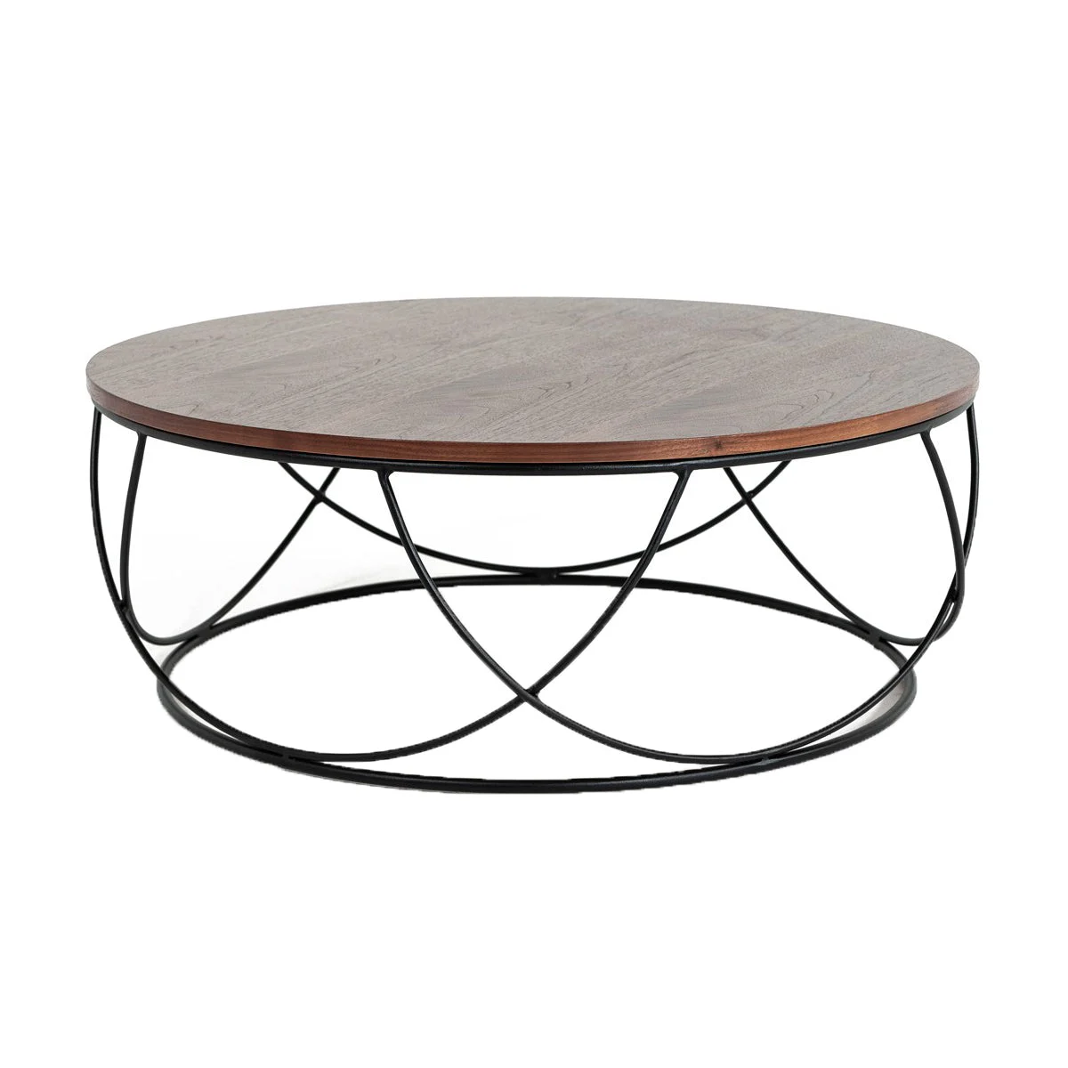 Benzara Wooden Round Top Coffee Table with Open Geometric Base, Brown and Black