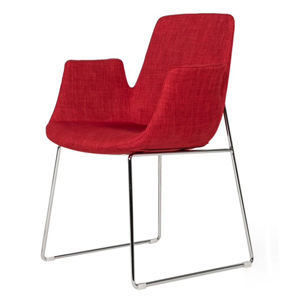 Benzara Fabric Upholstered Dining Chair with Metal SLed Base and Flared Arms, Red