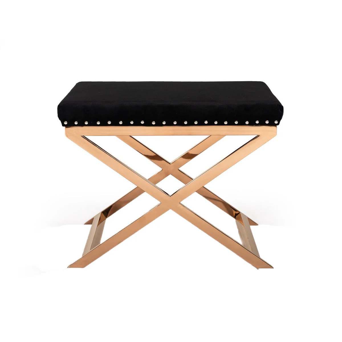 Benzara Fabric Ottoman with Double X Shaped Base and Nailhead Trim, Black and Gold