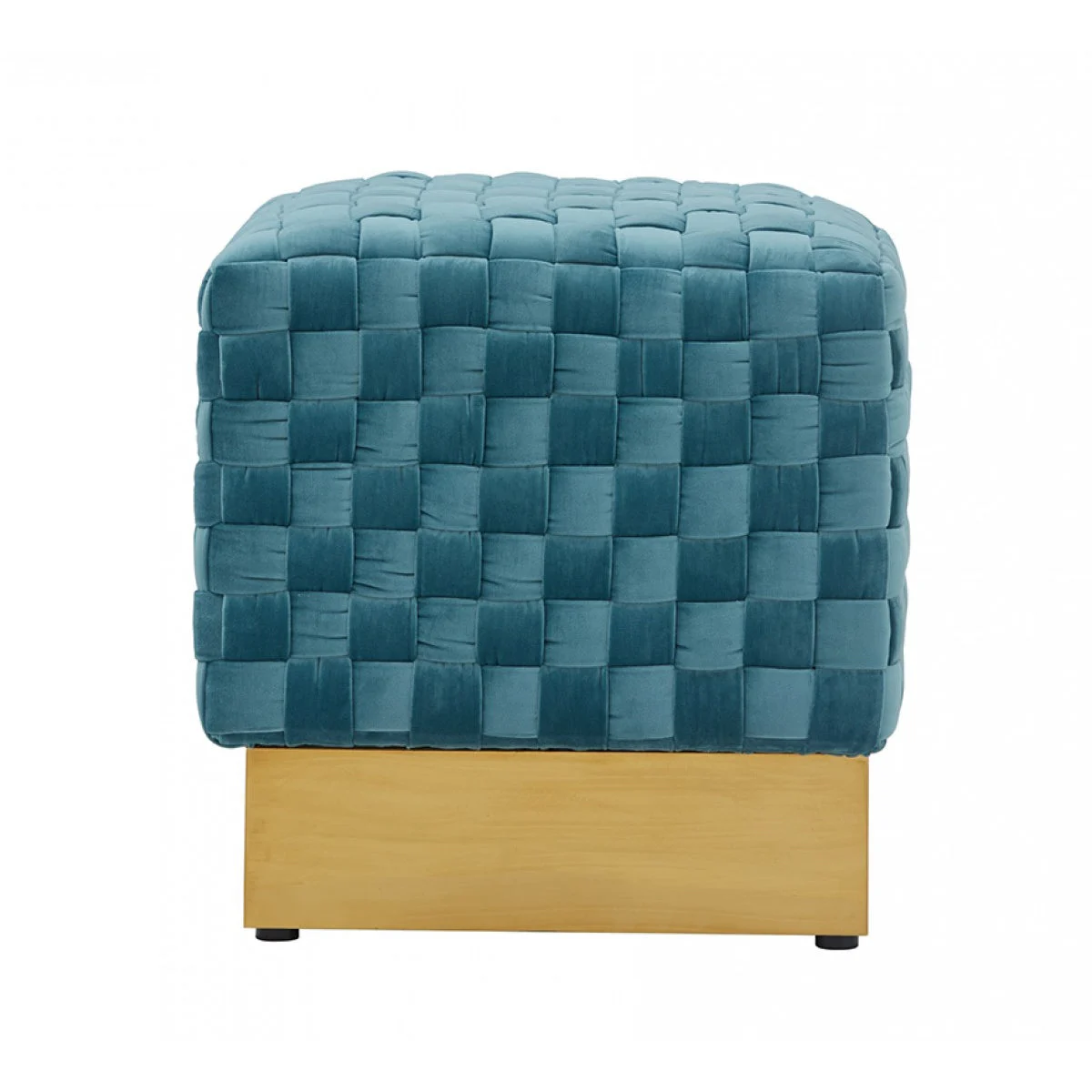 Benzara Fabric Upholstered Ottoman with Lattice Design Woven Top, Blue and Gold