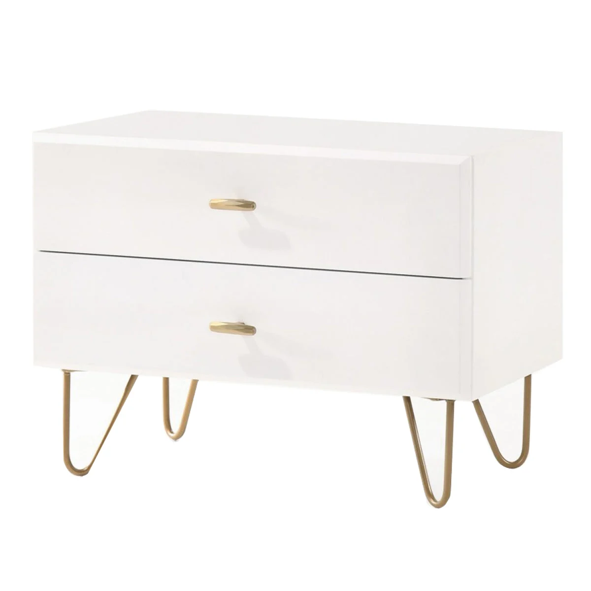 Benzara 2 Drawer Wooden Nightstand with Metal Pulls and Hairpin Legs,White and Gold