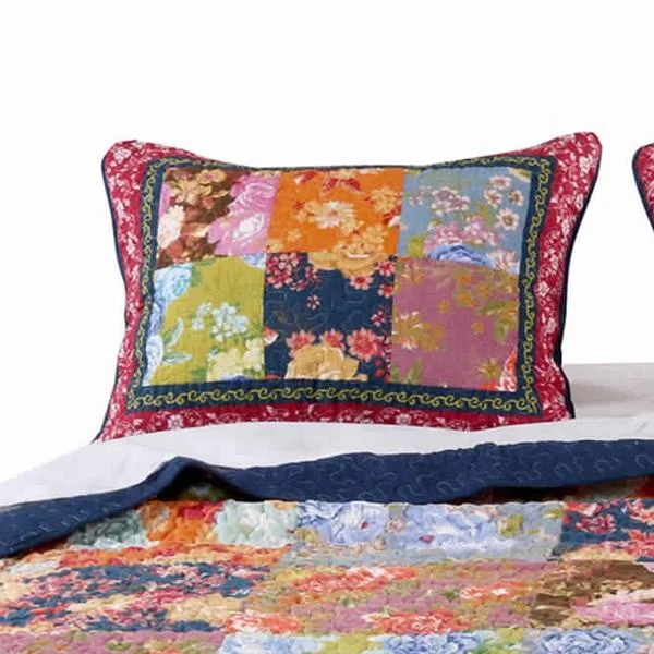 Benzara Polyester King Size Quilted Pillow Sham with Floral Patchwork, Multicolor