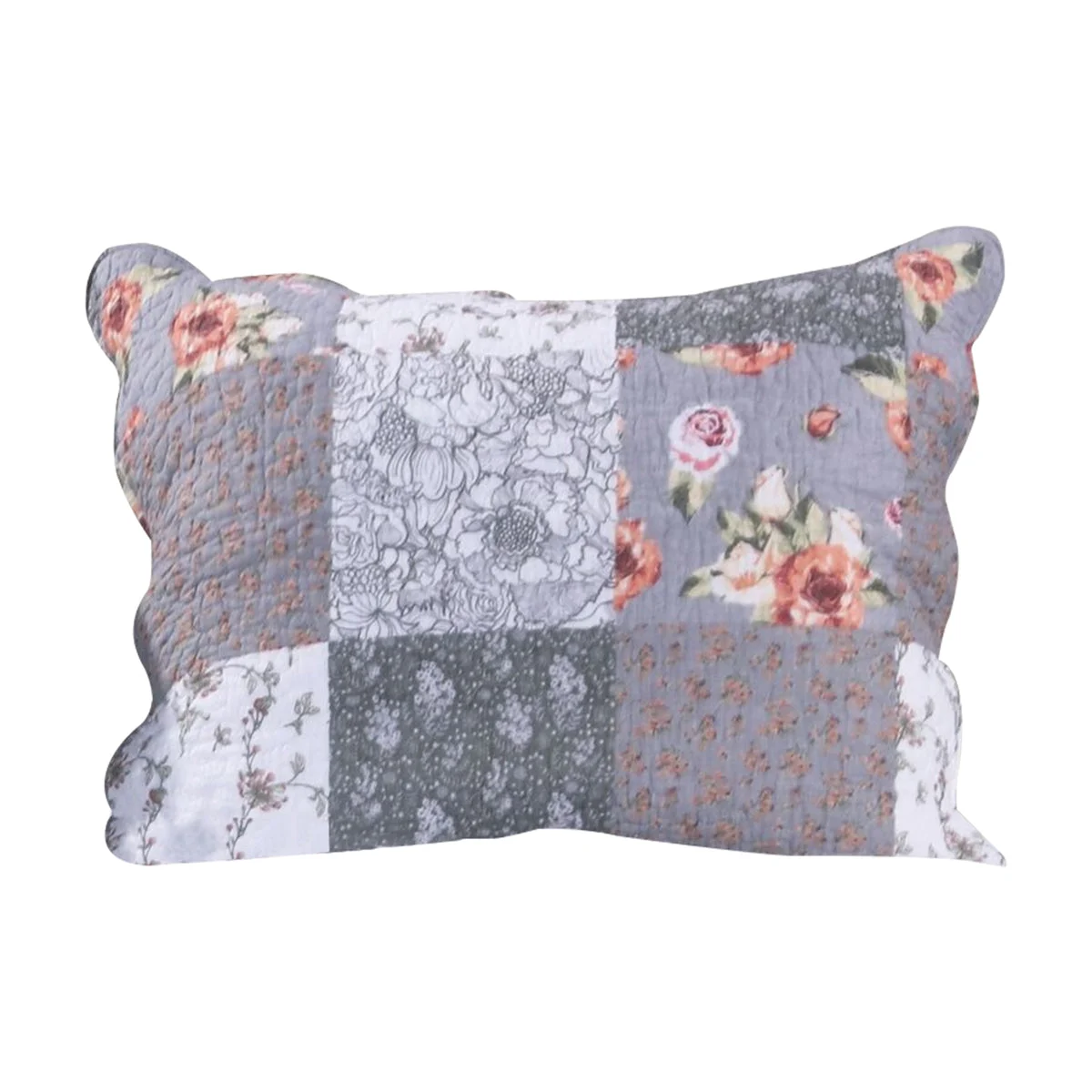 Benzara BM219392 Fabric Reversible Pillow Sham with Floral Print and Scalloped Ends, Gray